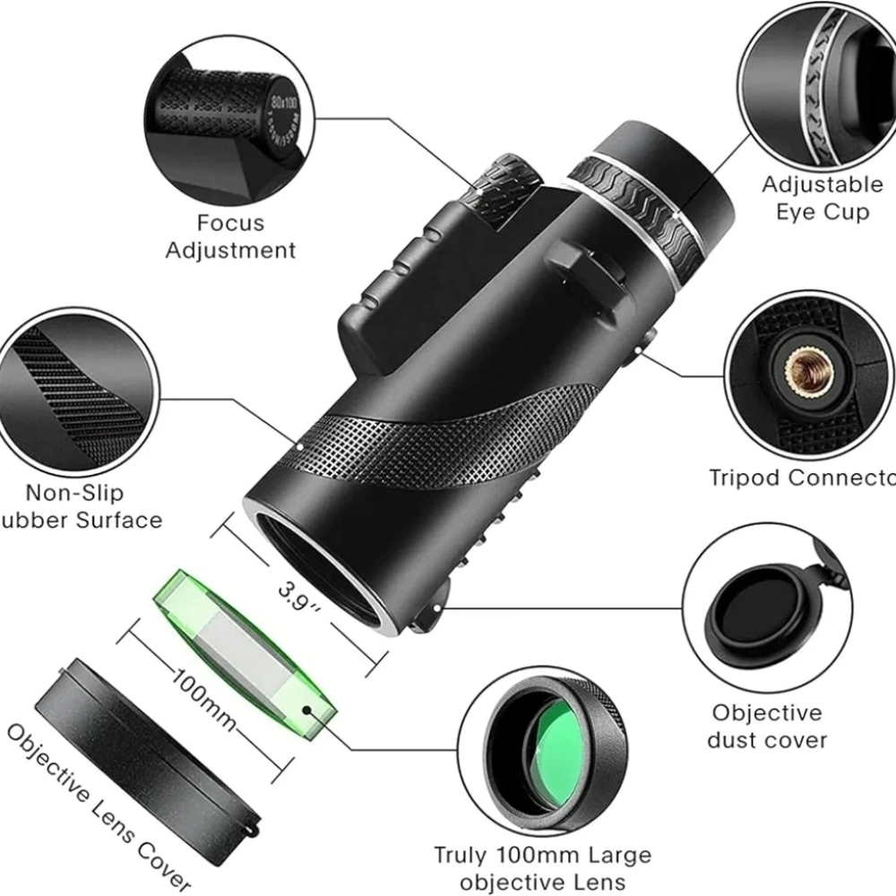 80x100 High-Performance Black Monocular Telescope